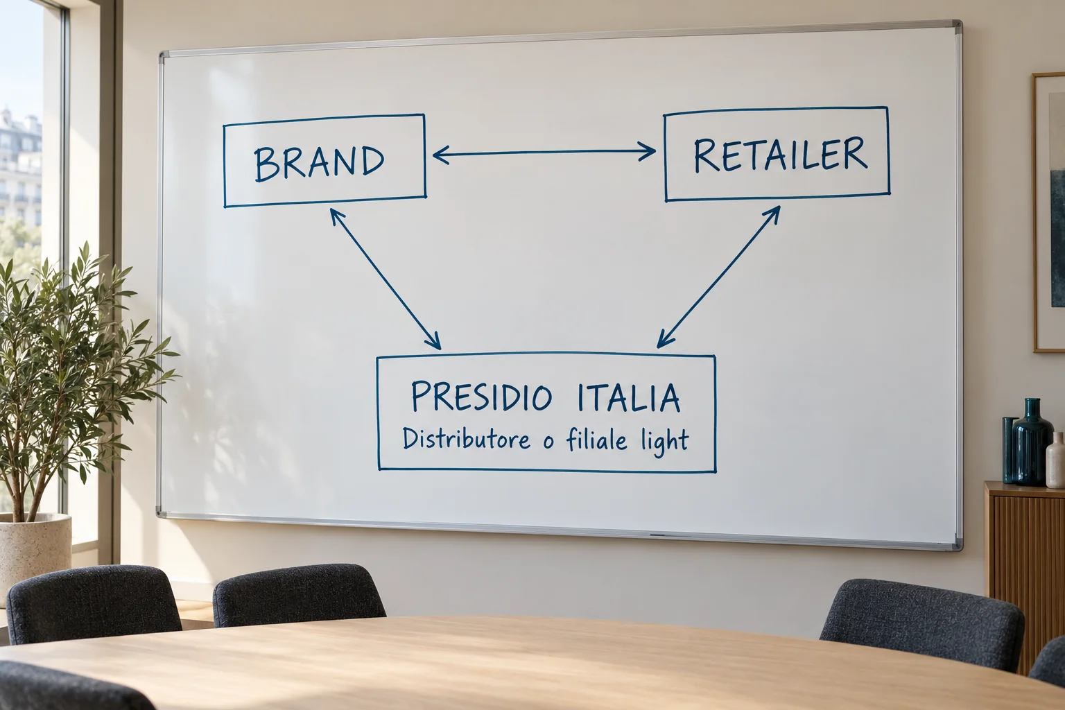 Lavagna con uno schema di coordinamento: Brand, Retailer e Presidio Italia — distributore o filiale light — collegati da frecce a doppia punta.