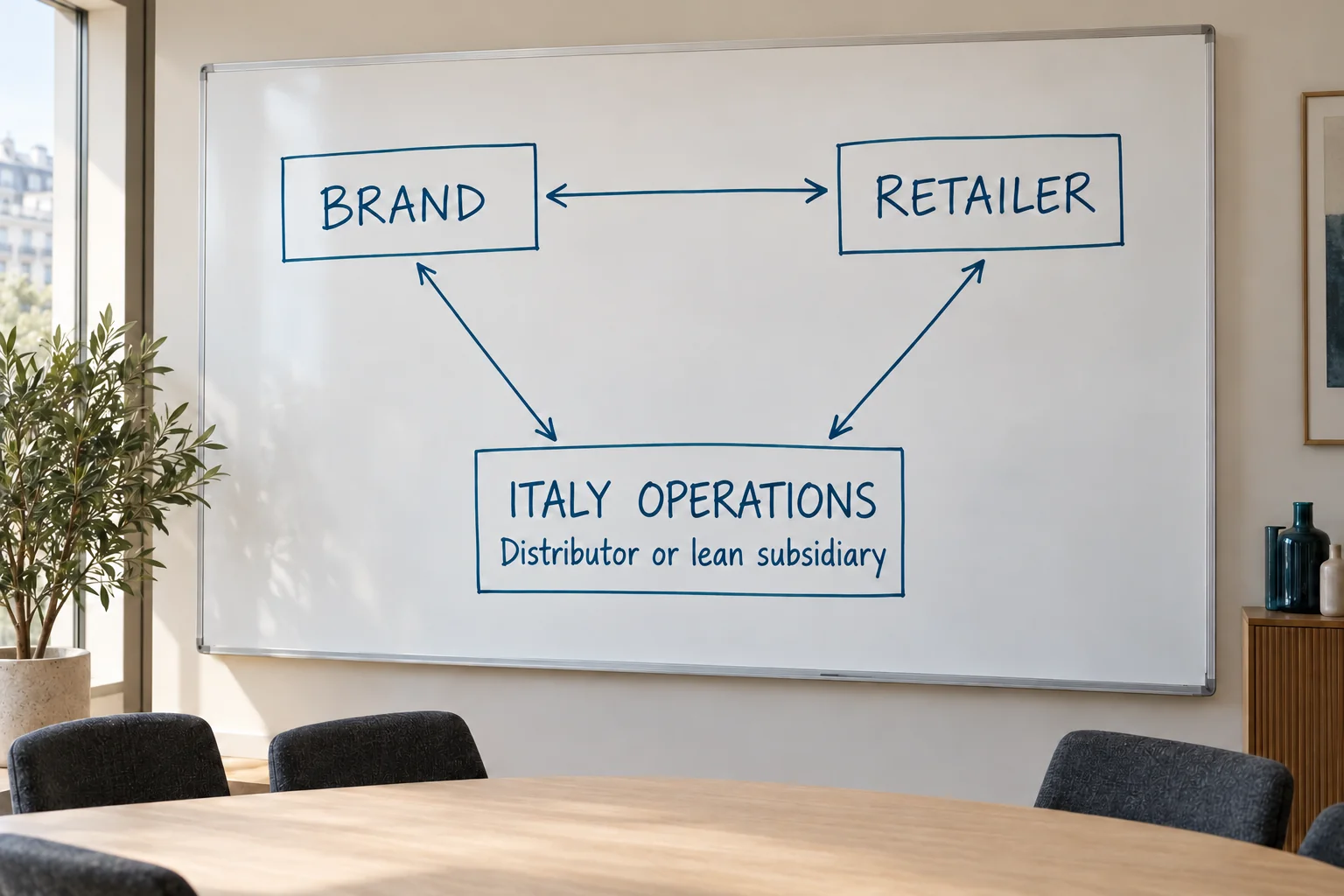 Whiteboard showing coordination between Brand, Retailer and Italy Operations — distributor or lean subsidiary — connected by two-way arrows.
