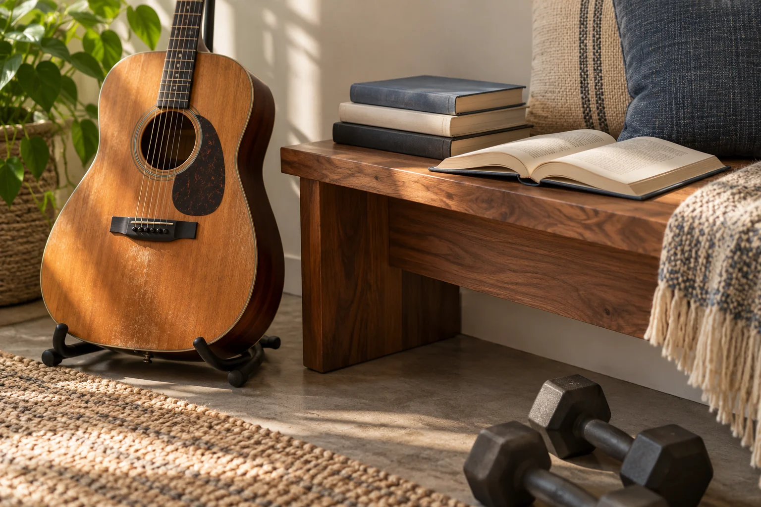Concept di un angolo dedicato a lettura, chitarra e allenamento con i pesi.