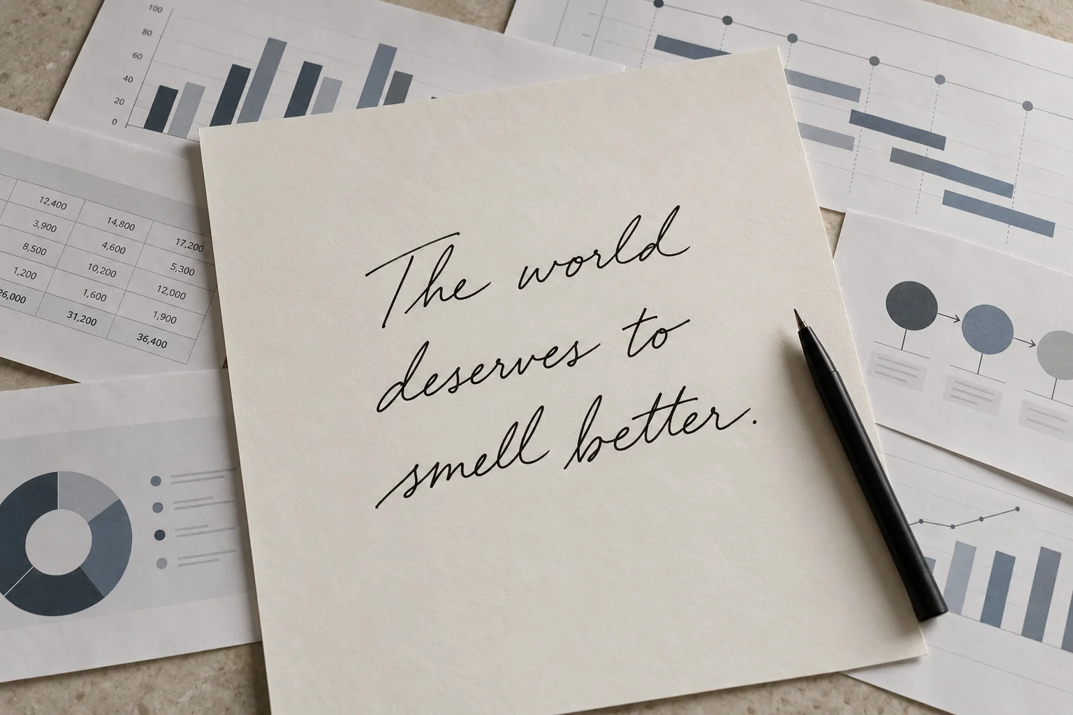 Immagine concept: un foglio con la frase manoscritta The world deserves to smell better, tra presentazioni e grafici di business.