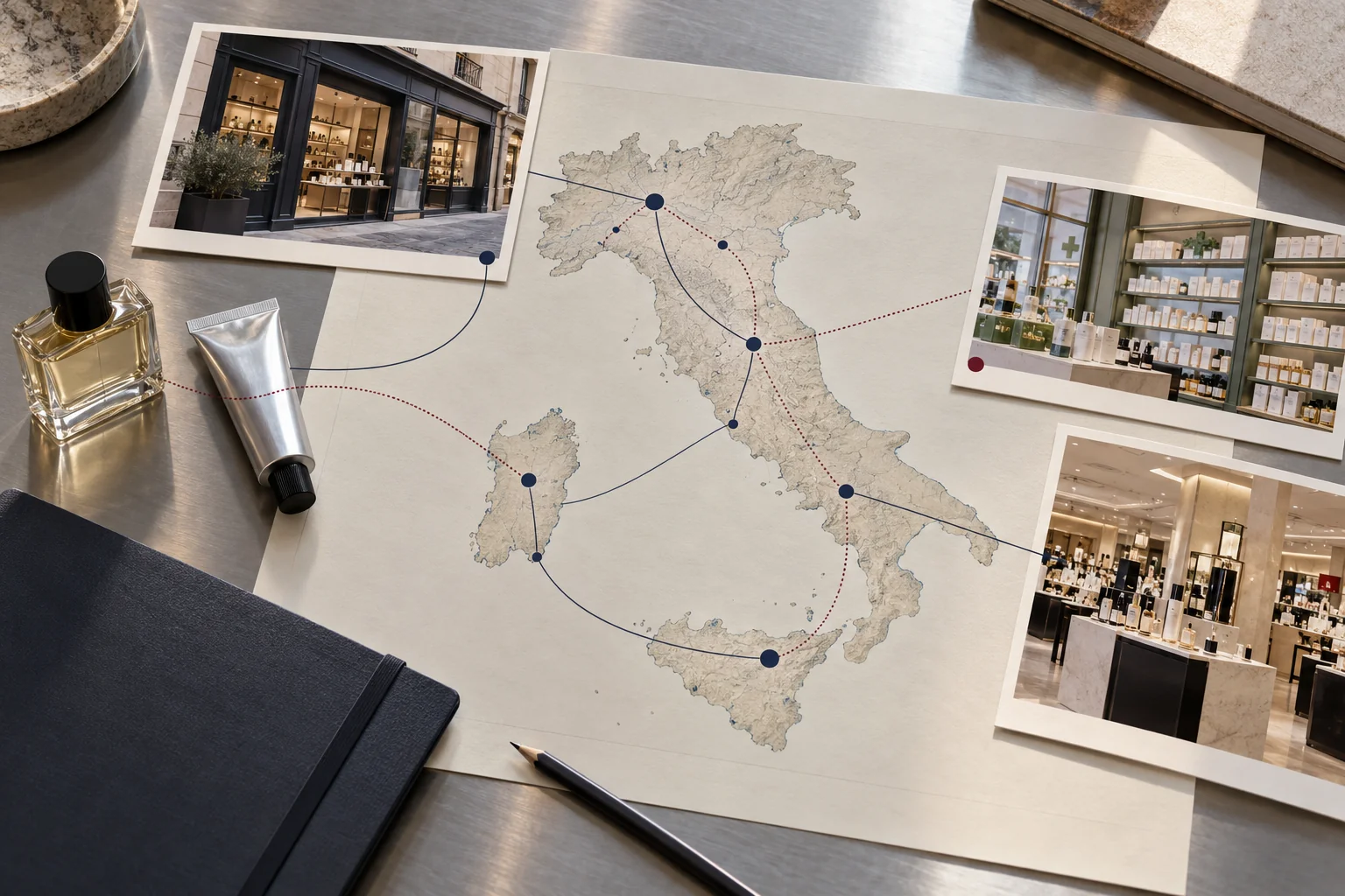 Concept di pianificazione dell’ingresso in Italia: mappa, canali di vendita e partner commerciali.